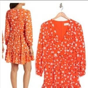 ELIZA J Floral Suplice Tiered Long Sleeves V-Neck Coral Dress Women’s Size 8 NWT